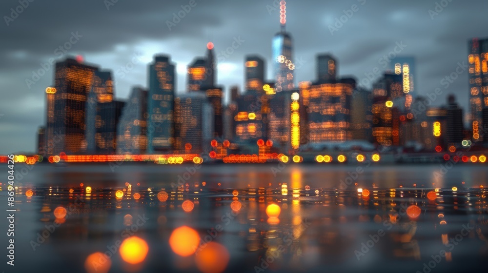 Poster city skyline at dusk with buildings illuminated and reflections of lights creating a bokeh effect ov