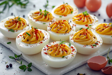 Deviled Eggs: Hard-boiled eggs halved, with the yolks mixed with mayonnaise and mustard, then piped back into the egg whites.