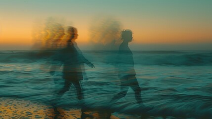 Fototapeta premium Abstract, blurred silhouettes of people walking along the seashore at sunset, creating a dreamy and surreal atmosphere.