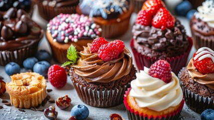 Assorted gourmet cupcakes with various toppings