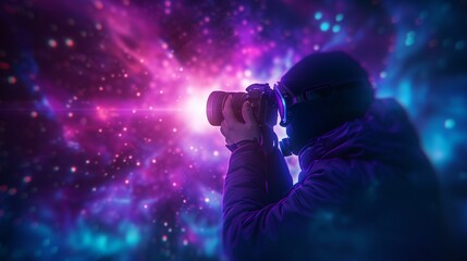 Diver photographing alien invasion underwater during a solar flare, glowing elements, high detail, digital illustration, vibrant colors, dramatic scene