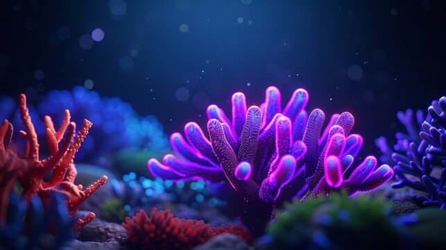 Coral reef with robotic creatures shifting between parallel universes, neon lights, high detail, 3D , vibrant colors, futuristic theme