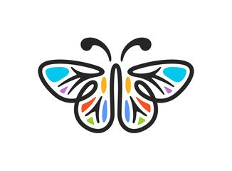 Obraz premium Abstract colored butterfly in stained glass window style graphic design. Simple multicolored linear butterflies logo design
