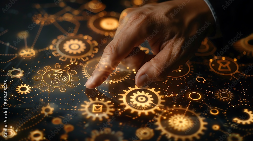 Poster a businessmanâ€™s hand pointing to a digital flowchart with gears and process icons. sharp focus and