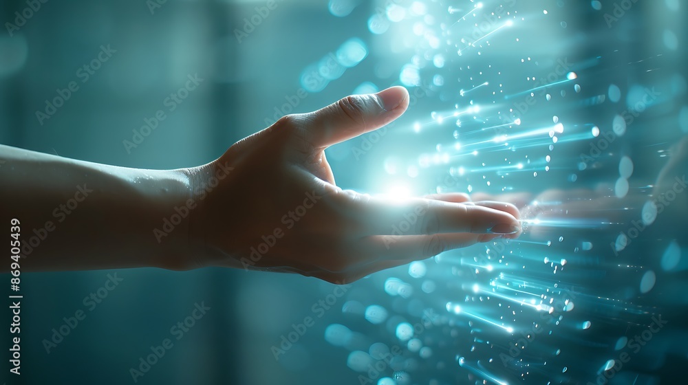 Poster a hand engaging with a virtual interface, showcasing business growth and efficiency metrics. sharp f
