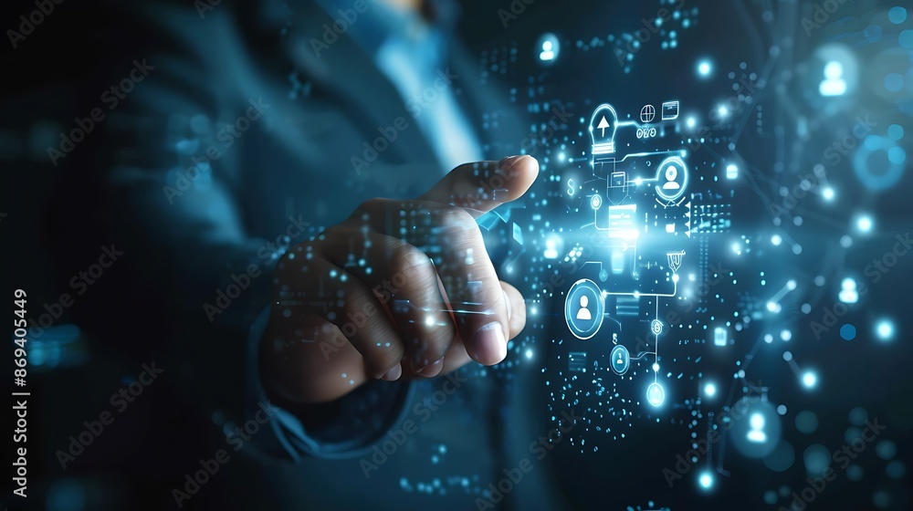 Poster a business professional pointing at floating icons representing efficiency and growth with futuristi