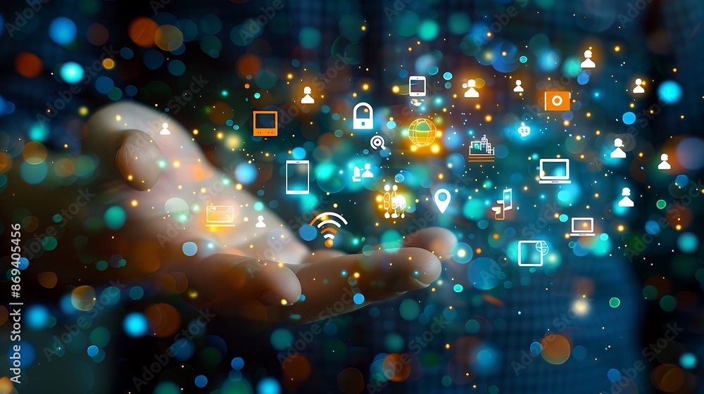 Aufkleber a professional's hand interacting with floating icons for technology and business optimization. shar