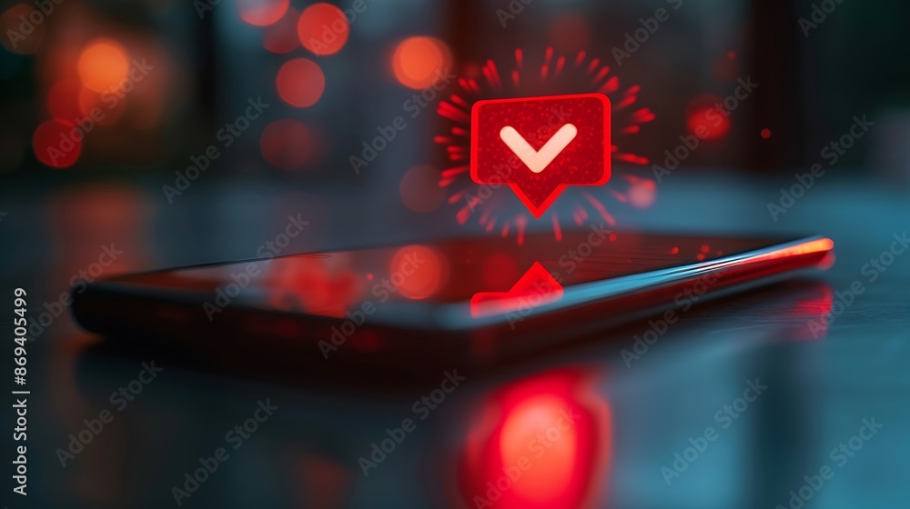 Poster a close-up of a mobile device screen showing a red exclamation point with floating message notificat