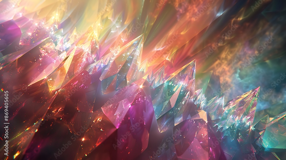 Aufkleber a cluster of iridescent, fractal-like shapes expanding outward, each segment shimmering with a diffe