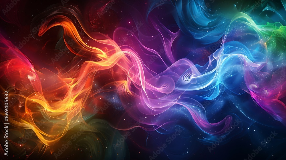 Poster a dynamic composition of swirling, luminescent tendrils in a rainbow of colors, creating a sense of 