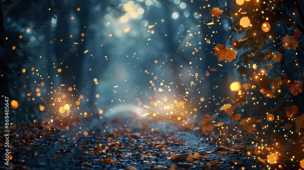 Poster a magical forest path illuminated by glowing lights and surrounded by autumn leaves, creating an enc