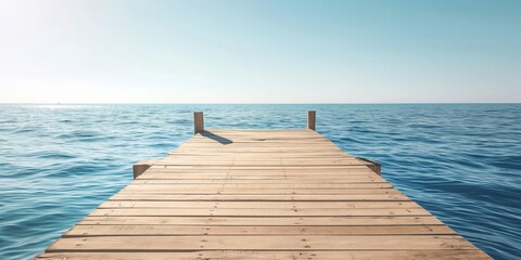 Tranquil dock extending into blue ocean water. A serene setting for relaxation, travel, and coastal themes. Ideal for backdrops and lifestyle marketing, offering a calming background.