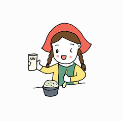 cute girl eat rice and show product in hand, hand drawn style vector illustration