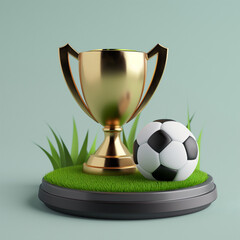 Soccer ball and golden Trophy Cup on soccer podium in 3d style. Europa championship cup, football match. Victory concept. Sport bet. In style of 3d for icon, blogs, vlogs, poster, card, flyer.	
