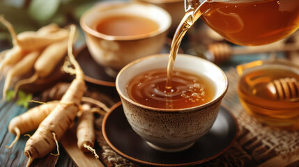 Herbal tea being poured into rustic teacup with roots and honey in the background