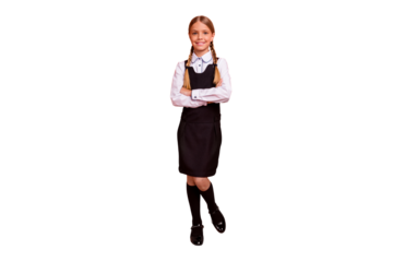 Full length body size view of her she nice attractive lovely charming cheerful cheery content pre-teen girl folded arms isolated over bright vivid shine orange background