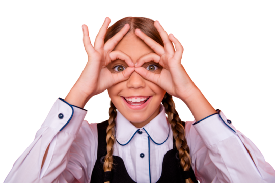 Close-up portrait of her she nice attractive lovely cheerful cheery glad foolish comic pre-teen girl showing double two ok-sign like specs isolated over bright vivid shine orange background