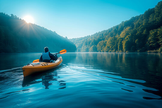 Morning kayaking adventure on peaceful lake surrounded by forest. Ideal for promoting outdoor activities, adventure tourism, and relaxation concepts. Great for travel blogs and lifestyle magazines