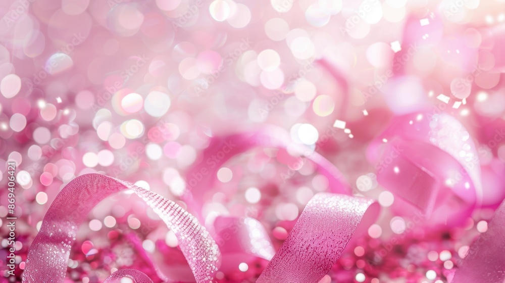 Poster sparkling pink ribbon intertwined with bokeh lights, creating a festive and joyful background perfec