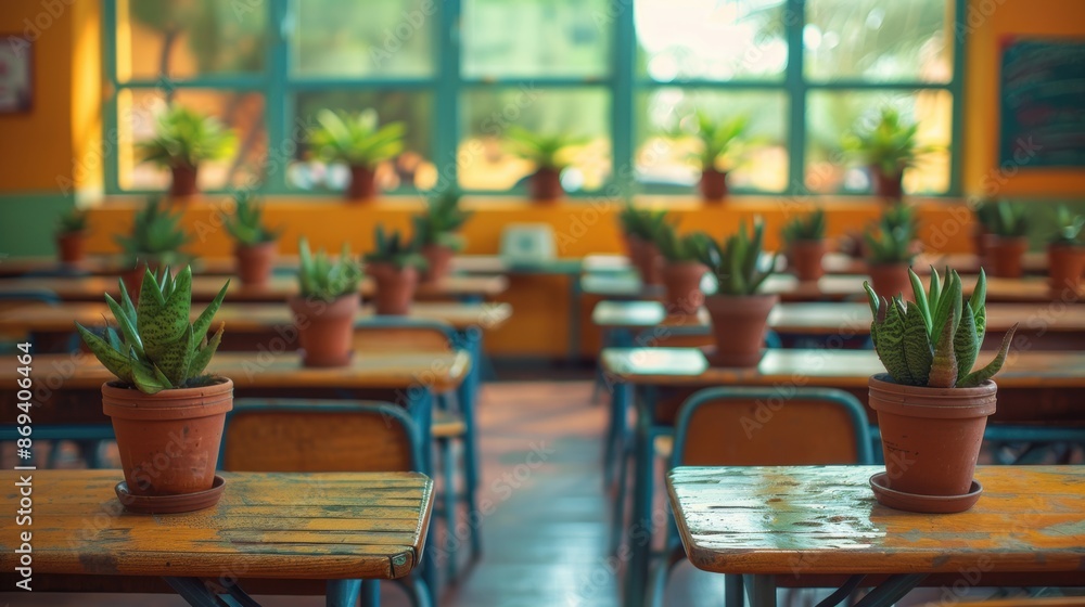 Poster a brightly lit classroom with potted plants on each desk, creating a vibrant and refreshing learning