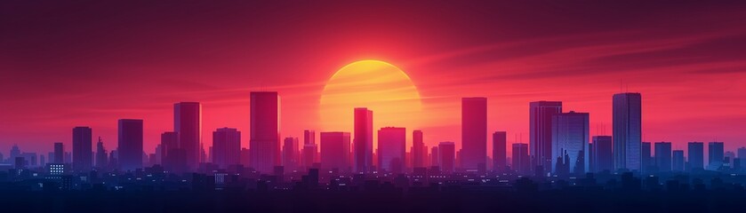 Obraz premium A city skyline under a red sky, futuristic architecture, glowing windows, cyberpunk style, dramatic lighting, vibrant colors, digital illustration, intense atmosphere