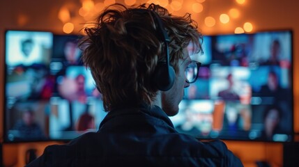Fototapeta premium A man with headphones on, participating in a virtual meeting at night, with blurred screens and bokeh lights in the background.