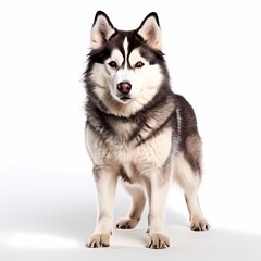 Fototapeta premium Siberian husky dog breed standing against white background, AI Generated