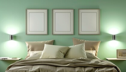 A cozy bedroom with a mint green wall featuring three empty frames of different sizes, each spotlighted to add a calming, relaxing feel.
