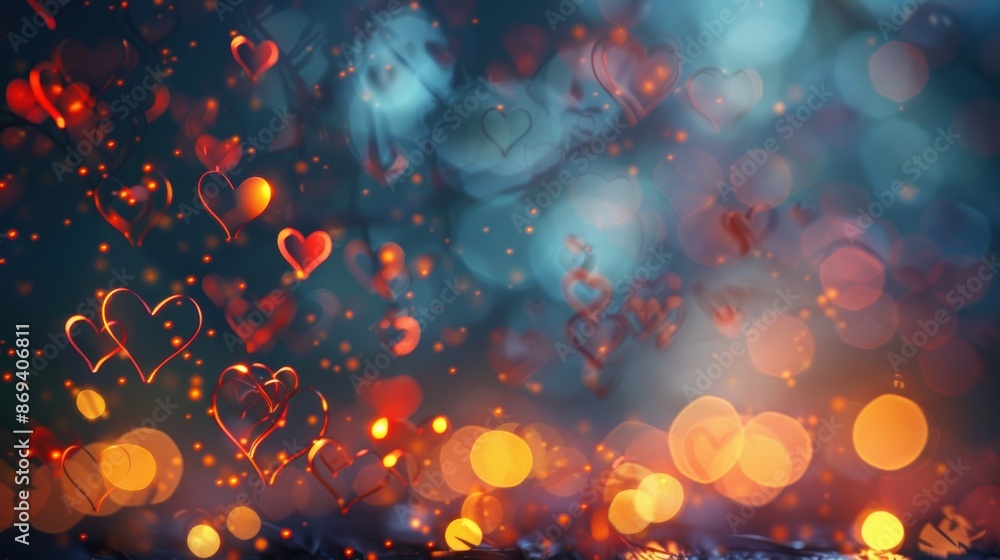 Poster abstract glowing hearts with a bokeh background, creating a whimsical and romantic atmosphere, perfe
