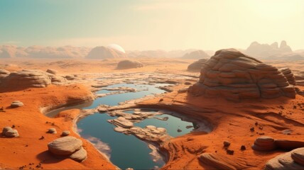 Image of close up of the surface of Mars with red, brown and orange texture with rugged rocks and...