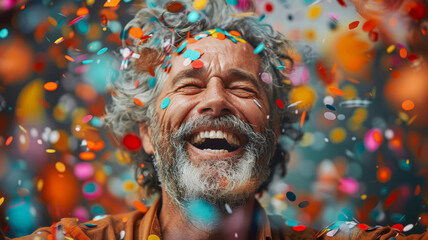 Ecstatic Senior Man with Confetti. A senior man with grey hair and a full beard, laughing with joy surrounded by colorful confetti.