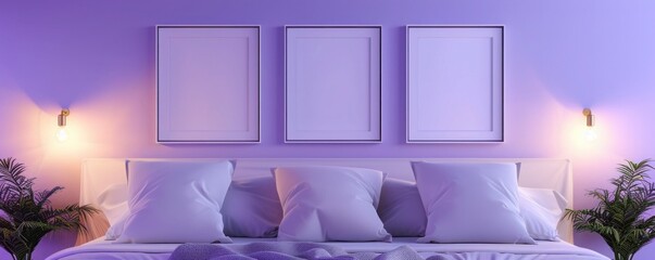 A cozy bedroom with a lavender wall showcasing three empty frames in a triangular arrangement, each spotlighted to add a calming effect.