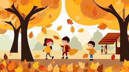 Fototapeta premium Children playing in a colorful autumn park, surrounded by golden leaves falling from trees, creating a warm and joyful atmosphere.