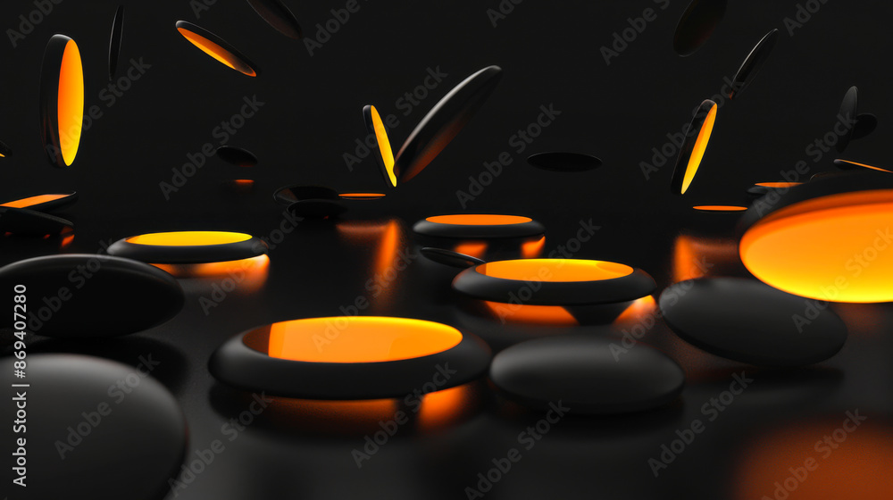 Poster a black and orange background with many small orange circles. the circles are floating in the air an