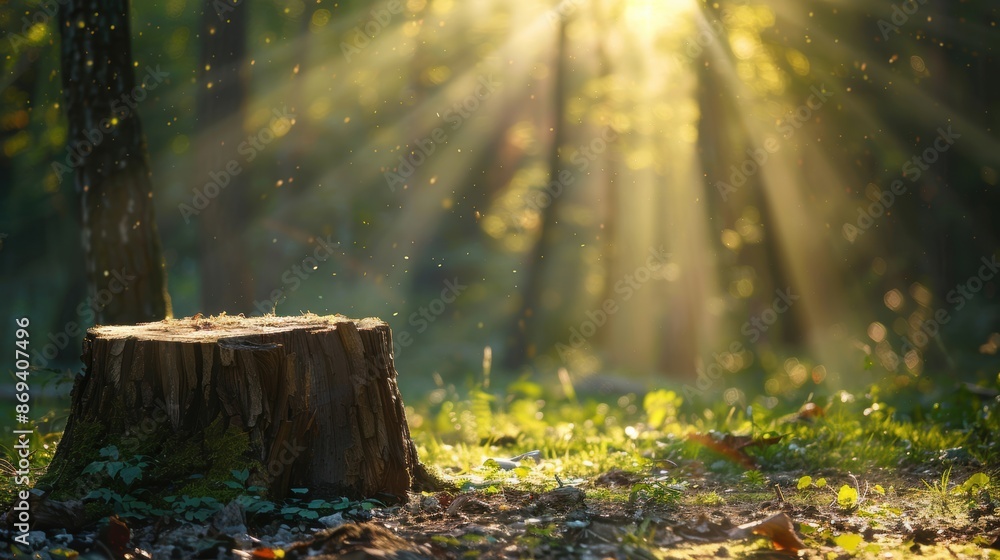Poster a tree stump in a forest illuminated by golden sun rays, creating a serene and magical atmosphere.