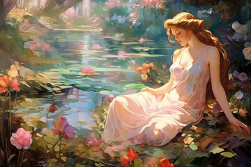 Serene stunning landscape flower art painting.