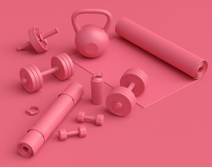 Isometric view of sport equipment like kettlebell, fitness ball and yoga mat