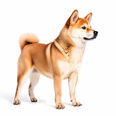 Shiba inu dog breed standing against white background, AI-Generated