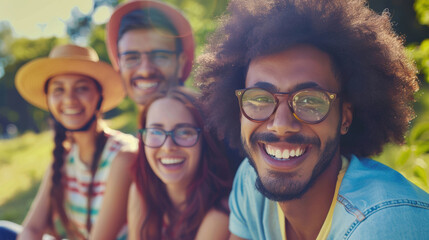 Fototapeta premium A group of diverse friends with glasses smiles warmly, enjoying a sunny day outdoors, highlighting friendship and joy.