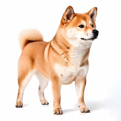 Shiba inu dog breed standing against white background, AI-Generated