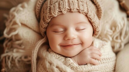 A sleeping baby wrapped in cozy blankets and wearing a knitted hat, creating a serene and heartwarming scene.