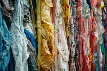 Fototapeta premium fast fashion and upcycling concept, environmental effect of clothing production industry, textile waste