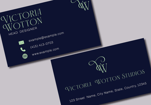 Blue Business Card with Green Accents