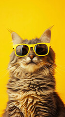 Fototapeta premium Cool fluffy cat with yellow sunglasses on yellow background.