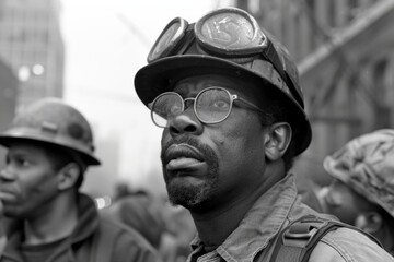 black diverse worker wearing  protective goggles and helmet, labor activism
