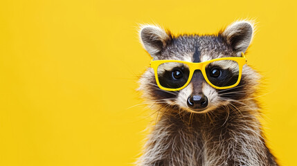 Cute striped raccoon with yellow sunglasses on yellow background.