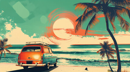 illustration of a car on beach background, illustration pop art, summer advertising, travel cocept