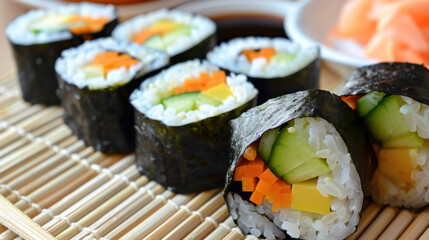 Close-up of fresh vegetable sushi rolls with carrots, cucumber, and pickled ginger on bamboo mat