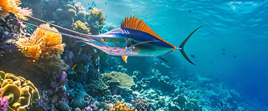 Marlin fish are swimming near the coral reef