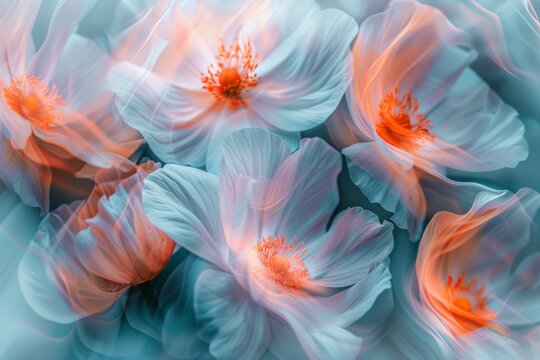 dreamy peach fuzz pastel color flowers meadow in bloom motion blur, pastel peach and pastel blue colors, abstract art, photorealistic